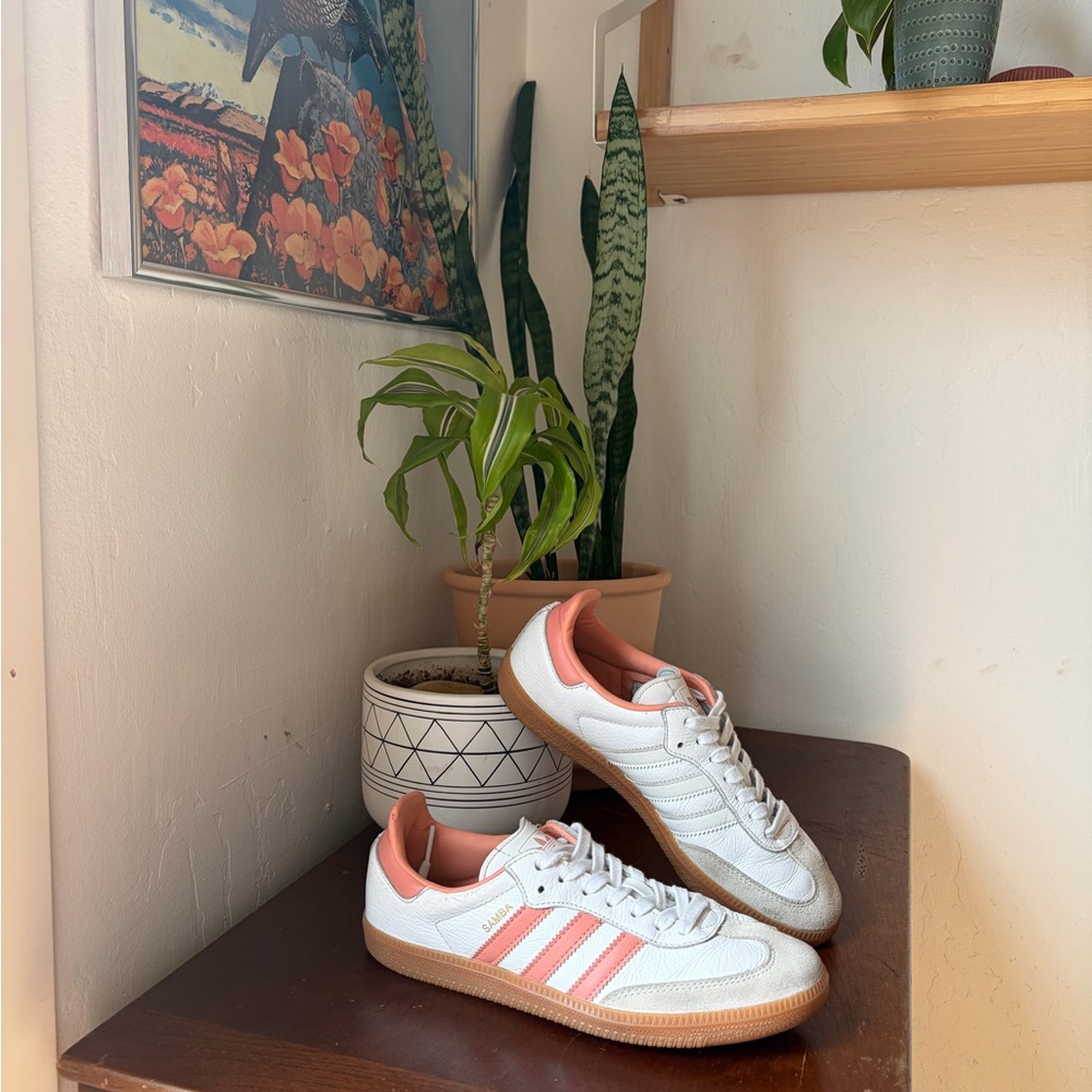 adidas Samba White with Coral/Pale Pink Stripes and Gum Sole - Picture 5 of 9